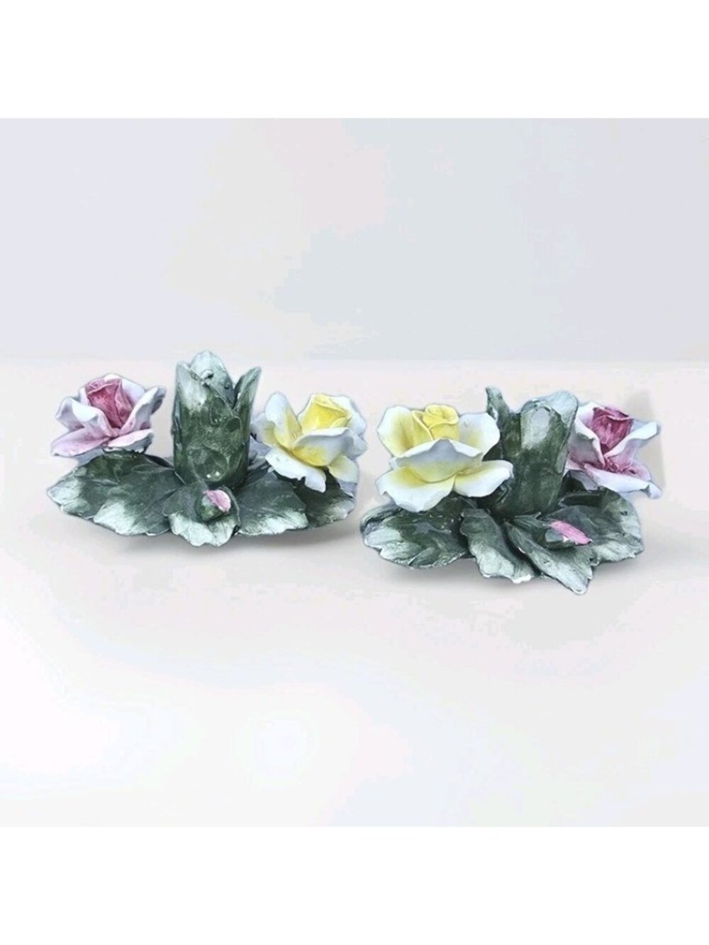 Pair Of Capodimonte Flower Candlestick Holder Made in  Italy Hand Painted Vintag